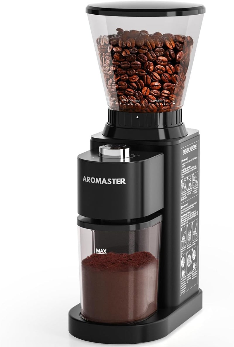 Aromaster's Coffee Bean Grinder with 48 Gind Settings, Conical Burr Coffee Grinder for Home Use,Stainless Steel,40 Seconds Adjustable Timer,Anti-static,Easy to Clean with Brush,Black - Image 1